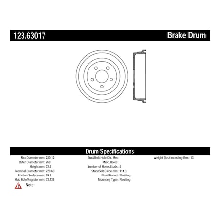 Centric Parts Standard Brake Drum, 123.63017 123.63017